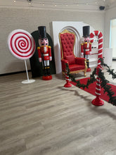 Load image into Gallery viewer, Santa throne rental with nutcrackers and giant lollipop prop – Christmas decor Toronto
